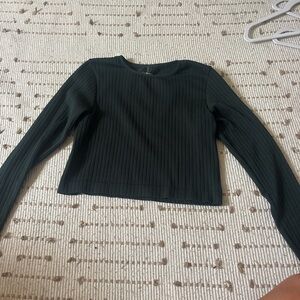 Green Ribbed Crop Long Sleeve Blouse